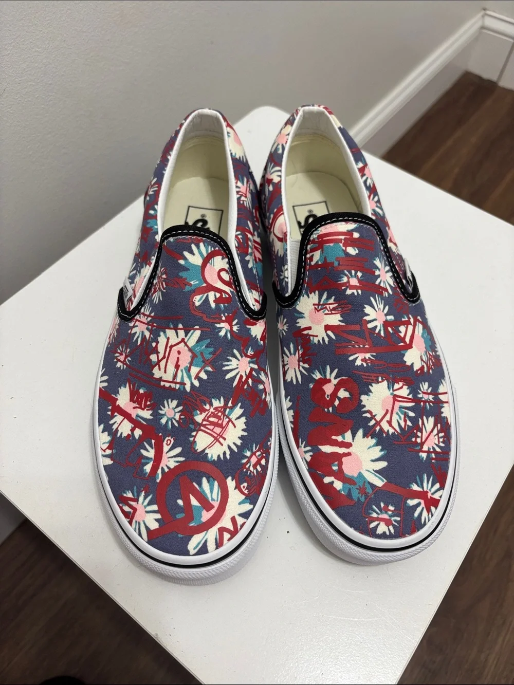 Vans Slip-On Floral Graphic Sneakers in Navy, Red, Cream